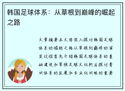 韩国足球体系：从草根到巅峰的崛起之路